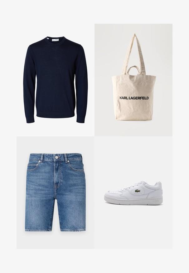 Navyblauwe trui met lange mouwen en ronde hals, met geribbelde boorden en zoom, gemaakt van fijne gebreide stof.; Denim shorts in een middelblauwe wassing met een rechte snit, vijf-pocket ontwerp en sluiting met een bovenste knoop. Heeft contrasterende stiksels.; Witte leren sneakers met een geperforeerde neus en een groen krokodillenlogo aan de buitenkant. Bevat een platte zool en een vetersluiting.; Beige canvas boodschappentas met lange en korte handvatten, met "KARL LAGERFELD" tekst in dikke zwarte letters gedrukt op de voorkant.