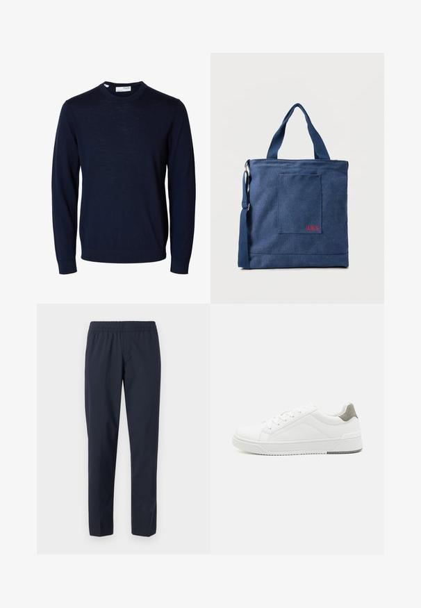 Marineblauer Langarmpullover mit Rundhalsausschnitt, gerippten Bündchen und Saum, gefertigt aus feinem Strickstoff.; Marineblaue Hose mit elastischem Bund, geraden Beinen, leichtem Stoff und ohne sichtbare Taschen oder Verzierungen.; Weißer Sneaker aus glattem Leder, runde Zehenpartie, minimalistisches Design, graue Fersenkante und strukturierte Gummisohle.; Blauer Canvas-Einkaufstasche mit Vordertasche und roter "O.N.S" Stickerei, ausgestattet mit zwei Griffen und einem verstellbaren Schulterriemen.