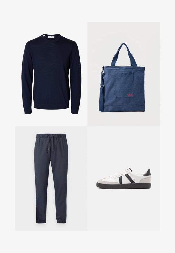 Navyblauwe trui met lange mouwen en ronde hals, met geribbelde boorden en zoom, gemaakt van fijne gebreide stof.; Marineblauwe taps toelopende joggingbroek met een elastische tailleband, trekkoord en elastische boorden, gemaakt van een soepele, lichte stof.; Witte sneaker met zwarte en grijze accenten, voorzien van een grijze neus met textuur, zwarte rubberen zool en platte witte veters. Schoon ontwerp, minimalistische stijl.; Blauwe canvas tas met voorvak en rode "O.N.S" borduring, voorzien van dubbele handvatten en een verstelbare schouderriem.