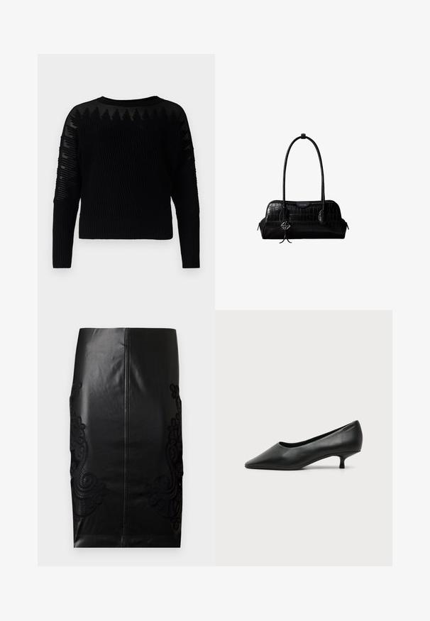 Pull en tricot noir avec une texture côtelée et des accents transparents à motifs sur les manches. Encolure ras du cou et manches longues, doté d'un design court.; Jupe crayon en cuir noir avec un délicat broderie en dentelle noire sur les côtés, dos sans couture et texture lisse. Coupe classique et silhouette.; Escarpin femme en cuir noir à petit talon, bout pointu et petit talon kitten sur fond clair uni.; Sac à épaule en cuir noir à texture crocodile, avec de longues sangles et un petit charm logo argenté sur une sangle.