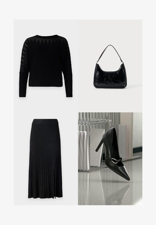 Pull en tricot noir avec une texture côtelée et des accents transparents à motifs sur les manches. Encolure ras du cou et manches longues, doté d'un design court.; Jupe midi plissée noire avec ceinture côtelée, présentant un tissu texturé, une fente latérale et des lignes verticales sur l'ensemble du design.; Chaussure à talon haut noire pointue avec une bride à boucle argentée, placée sur une surface réfléchissante près d’un organiseur métallique contenant des papiers.; Sac à main en cuir verni noir avec une anse incurvée, fermeture éclair et logo "cK" embossé sur le devant. Texture lisse, forme structurée.