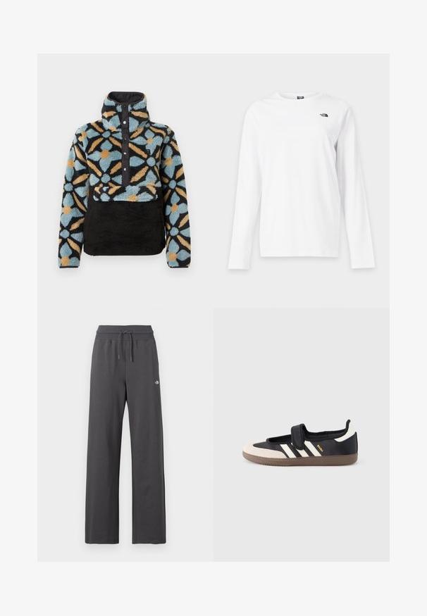 Pull polaire avec col montant, présentant un motif floral bleu, noir et orange, fermeture avant à pression et partie inférieure texturée noire.; T-shirt blanc à manches longues avec col rond et petit logo noir The North Face sur le côté gauche de la poitrine.; Pantalon de survêtement gris foncé à jambes larges avec taille élastique côtelée et cordon, arborant un petit logo blanc sur la cuisse droite.; Baskets noires et beiges avec une bride en velcro, trois bandes blanches sur le côté, et une semelle en caoutchouc marron texturée. Logo de la marque visible.