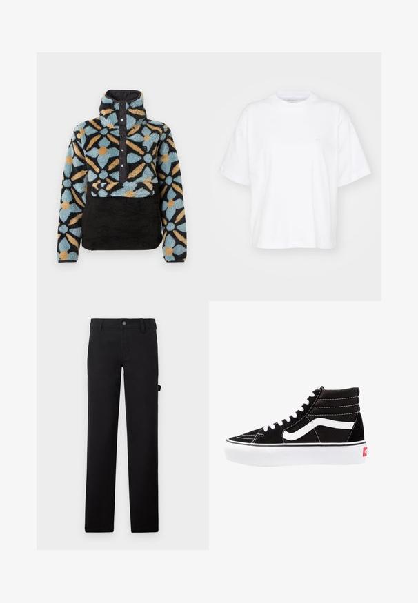 Pull polaire avec col montant, présentant un motif floral bleu, noir et orange, fermeture avant à pression et partie inférieure texturée noire.; T-shirt en coton blanc avec un col rond, des manches courtes et une coupe décontractée. Présente un logo discret sur la zone gauche de la poitrine. Texture lisse.; Pantalons noirs en tissu à texture lisse, conçus avec des jambes droites, une fermeture à bouton et une poche latérale.; Baskets montantes noires avec des lacets blancs, un logo blanc et des coutures blanches contrastées. Dotées d'une épaisse semelle blanche et d'un dessus en daim texturé.