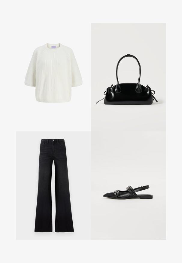 Άσπρο χοντρό πλεκτό πουλόβερ με κοντά μανίκια και ριμπ λεπτομέρεια στο στρογγυλό λαιμό και το τελείωμα.; Μαύρα τζιν με φαρδιά πόδια από denim, με ψηλή μέση, μπροστινές τσέπες και λεία, υφή με ελάχιστο ξεθώριασμα.; Even&Odd by Zalando Μπαλαρίνες με λουράκι στον αστράγαλο - black; Μικρή μαύρη γυαλιστερή τσάντα με δύο μακριές λαβές και λεπτομέρειες με ρυθμιζόμενο κορδόνι στο πλάι σε απλό ανοιχτό φόντο.