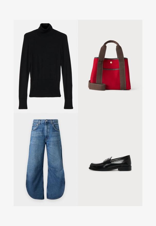 AERON TENDER LONG SLEEVED - Svetrík - black; Modré džínsy z denimu so širokými nohavicami, zakrivenými lemami, prednými vreckami, pútkami na opasok a zapínaním na gombík.; Čierne kožené pánske loafer s brogue detailmi a nízkym podpätkom, zobrazené v bočnom profile na jednoduchom svetlom pozadí.; Červená látková taška so širokými tmavohnedými rúčkami a popruhom, predným vreckom a malým okrúhlym zlatým gombíkom.