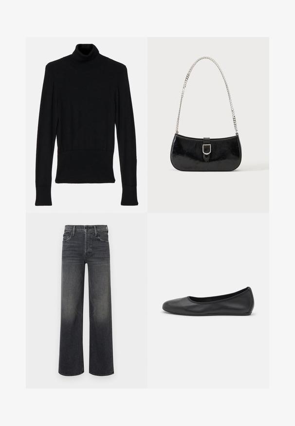 AERON TENDER LONG SLEEVED - Svetrík - black; Široké nohavice z tmavo šedého denimu s jemným vyblednutím. Klasický dizajn s piatimi vreckami, pútka na opasok a viditeľné prešívanie.; Čierne kožené baleríny s okrúhlou špičkou, hladkým povrchom, minimálnym prešívaním a flexibilným dizajnom podrážky.; Čierna lakovaná kožená kabelka na rameno so striebornou prackou a strieborným reťazovým remienkom, zobrazená na jednofarebnom svetlom pozadí.