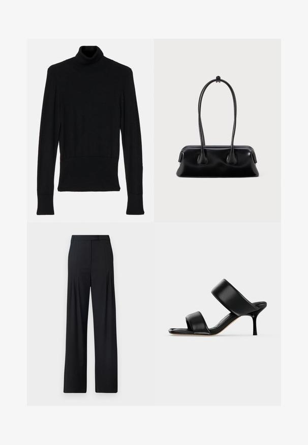 AERON TENDER LONG SLEEVED - Strickpullover - black; Schwarze, weit geschnittene Hosen mit flacher Vorderseite, Falten und maßgeschneidertem Bund. Hergestellt aus glattem, leichtem Stoff.; Schwarze Leder-Mule-Sandale mit zwei breiten Riemen und einem schlanken, mittelhohen Stilettoabsatz auf einem schlichten hellen Hintergrund.; Schwarze Lederhandtasche mit zwei langen Griffen, glatter Textur und einer abgerundeten Basis mit dekorativen Akzenten an den Seiten.