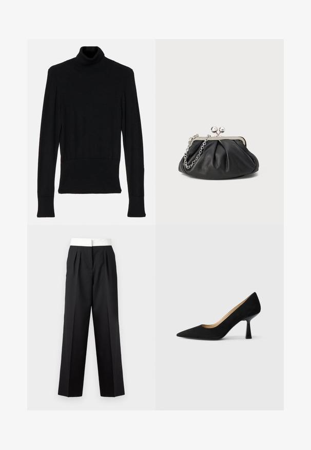 AERON TENDER LONG SLEEVED - Strickpullover - black; Schwarz gefaltete Hose mit breitem weißen Bund, gerader Schnitt und eleganter Textur für einen strukturierten Look.; Schwarze Wildleder-Pumps mit hohem Absatz und spitzer Zehenform, ausgestattet mit einem glänzenden schwarzen Blockabsatz und einem glatten Innenfutter.; Schwarze Leder-Clutch mit geraffter Textur, silberfarbener Metallrahmen, Druckverschluss und Kettenriemen. Glatte, weiche Oberfläche.
