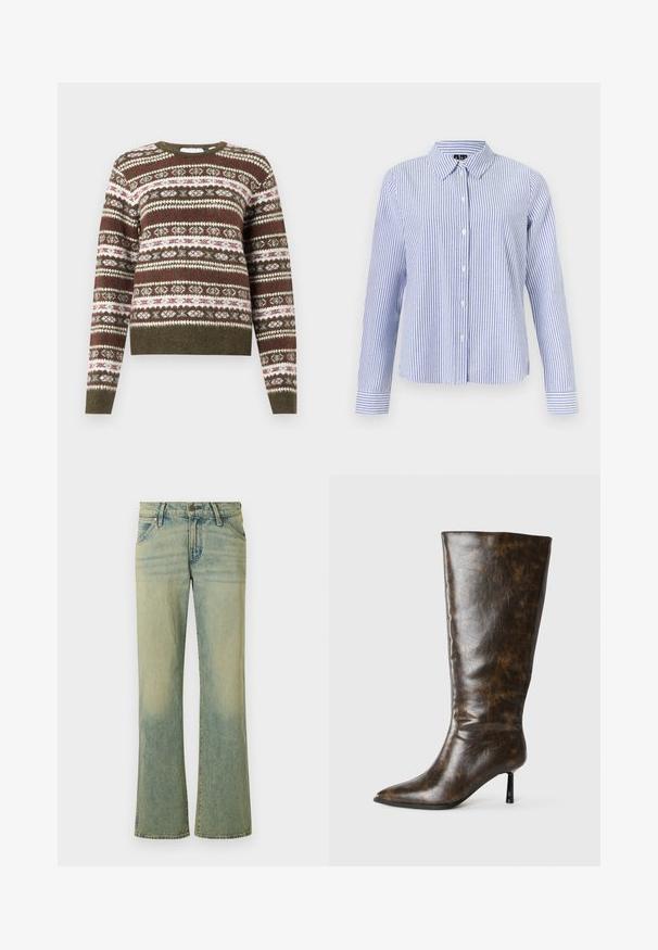 Strikket sweater med lange ærmer, der har et horisontalt Fair Isle mønster i olivengrønne, hvide og burgunder nuancer, med ribbede manchetter og kant.; Langærmet skjorte med knapper med hvide og lyseblå lodrette striber og en spids krave vist på en ensfarvet baggrund.; Lyseblå denimjeans med et flagrende ben-design, der har fem lommer og subtil falmning. Stoffet har en glat tekstur og en klassisk knaplukning.; Brun læderstøvle til knæet med en blank finish, spids tå og en slank, høj hæl. Stoffet har et tekstureret, revnet mønster.