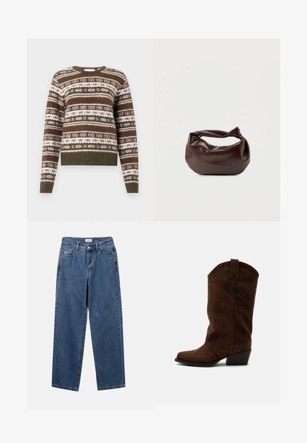 Strikket sweater med lange ærmer, der har et horisontalt Fair Isle mønster i olivengrønne, hvide og burgunder nuancer, med ribbede manchetter og kant.; Klassiske blå denimbukser med lige ben, fem lommer og knaplukning. Har en medium vask og en robust tekstur.; Brune ruskind midt-kalv cowboystøvler med lav stablet hæl og trækflig på en almindelig lys baggrund.; Mørkebrun læder skuldertaske med en blød, afslappet form og et snoet knudehåndtag på en ensartet hvid baggrund.
