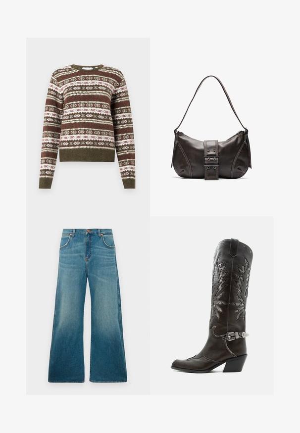 Strikket sweater med lange ærmer, der har et horisontalt Fair Isle mønster i olivengrønne, hvide og burgunder nuancer, med ribbede manchetter og kant.; Højtaljede blå denimjeans med brede ben, frontlommer, knaplukning og en falmet farvegradient fra talje til kant.; Sort læder cowboystøvle med dekorative udskæringer, sølvspænde og skrå hæl, vist på hvid baggrund.; Brun læder skuldertaske med en buet form, der har et fremtrædende spænde, kontrasterende syninger og en enkelt skulderrem.