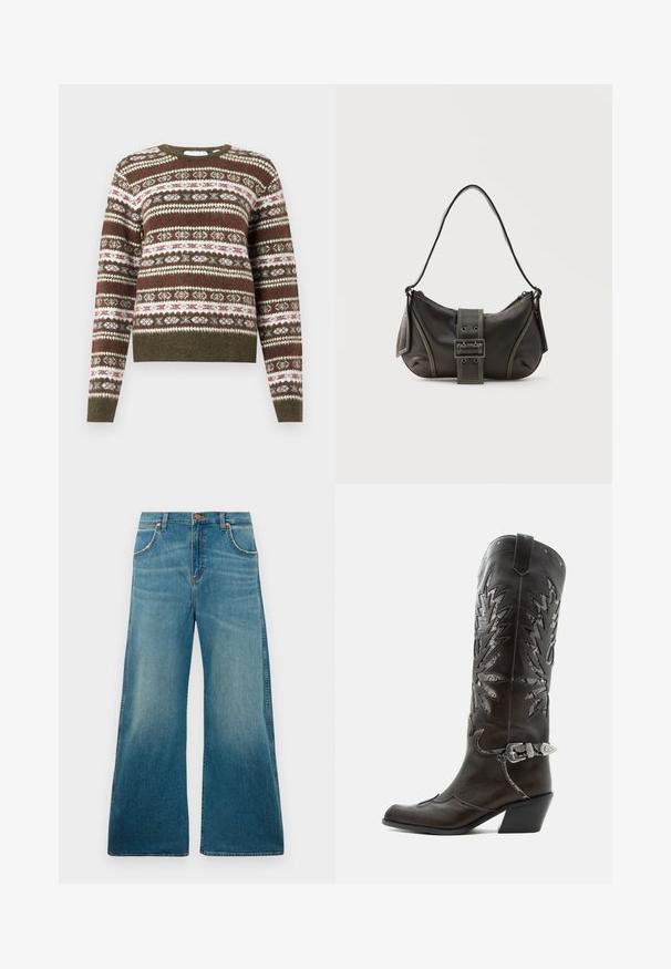 Strikket sweater med lange ærmer, der har et horisontalt Fair Isle mønster i olivengrønne, hvide og burgunder nuancer, med ribbede manchetter og kant.; Højtaljede blå denimjeans med brede ben, frontlommer, knaplukning og en falmet farvegradient fra talje til kant.; Sort læder cowboystøvle med dekorative udskæringer, sølvspænde og skrå hæl, vist på hvid baggrund.; Sort læder skuldertaske med spænde på remmen, afrundede kanter og kontrasterende hvide syninger på en ensfarvet baggrund.