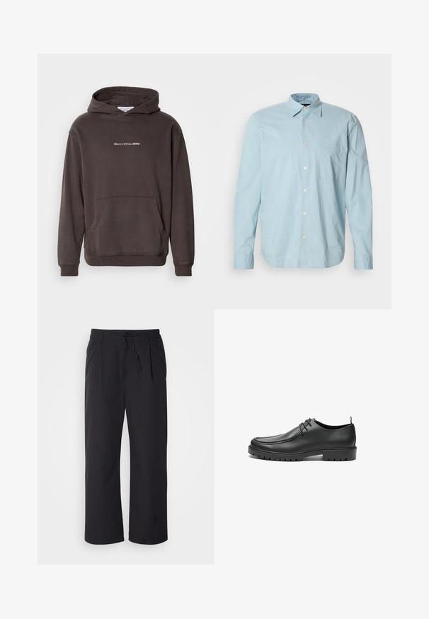 Hoodie brun avec une poche avant, des poignets et un ourlet côtelés. Présente un texte de logo blanc "Marc O'Polo DENIM" sur la poitrine. Matière douce.; Chemise à manches longues à carreaux bleu clair avec un col boutonné, une poche poitrine et des boutons blancs. Fabriquée dans un tissu lisse.; Pantalons à jambes larges en tissu noir texturé avec une taille à cordon de serrage, comportant deux poches avant et un design droit.; Chaussures en cuir noir avec une finition lisse, bout arrondi et coutures décoratives. Elles possèdent une semelle en caoutchouc avec des rainures de traction et un laçage.