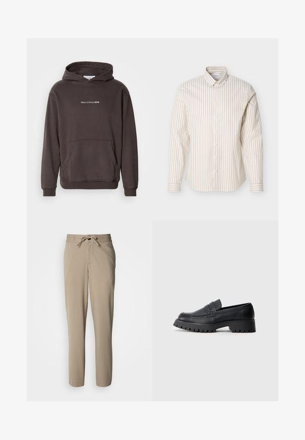 Hoodie brun avec une poche avant, des poignets et un ourlet côtelés. Présente un texte de logo blanc "Marc O'Polo DENIM" sur la poitrine. Matière douce.; Chemise à manches longues beige et blanche à rayures verticales avec col boutonné, présentée sur un fond blanc uni.; Pantalon beige en tissu doux, doté d'une taille à cordon de serrage et d'une coupe décontractée, avec des jambes droites et sans poches visibles.; Mocassins en cuir noir avec un bout arrondi, présentant une sangle décorative et une semelle en caoutchouc épaisse avec de profonds crampons pour une meilleure adhérence.