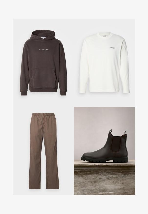 Hoodie brun avec une poche avant, des poignets et un ourlet côtelés. Présente un texte de logo blanc "Marc O'Polo DENIM" sur la poitrine. Matière douce.; Chemise blanche en coton à manches longues avec un col rond, arborant un petit logo marine sur la poitrine. Texture lisse et coupe régulière.; Pantalon casual marron avec taille élastique, fermeture à bouton, jambes droites et poches avant, présenté sur un fond blanc uni.; Botte Chelsea en cuir noir flottant au-dessus d'un banc en bois avec de l'herbe verte en arrière-plan.