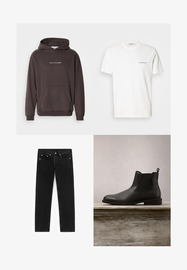 Hoodie brun avec une poche avant, des poignets et un ourlet côtelés. Présente un texte de logo blanc "Marc O'Polo DENIM" sur la poitrine. Matière douce.; T-shirt en coton blanc avec un col rond et des manches courtes. Présente un petit texte de logo noir sur le côté gauche de la poitrine.; Jean en denim noir avec une coupe droite, poches avant avec hardware argenté et un design classique à cinq poches.; Botte de cheville en cuir noir avec une texture lisse, bout arrondi, panneaux latéraux élastiques et languette, posée sur une surface en bois.