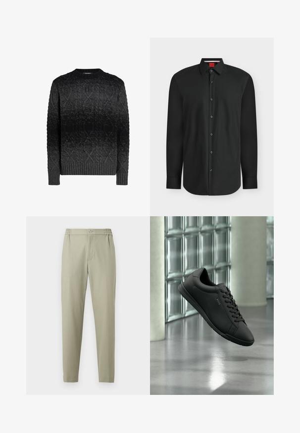 Schwarzer gestrickter Pullover mit rundem Ausschnitt, der ein strukturiertes Zopfmuster, gerippte Bündchen und Saum aufweist, der allmählich von Dunkelgrau nach Schwarz übergeht.; Schwarzes langärmeliges Hemd mit Knopfleiste, Kragen und sichtbarem roten Markenlabel im Halsausschnitt.; Beige, schmal zulaufende Hose mit elastischem Bund, Knopfverschluss und vorderem Reißverschluss, auf weißem Hintergrund dargestellt.; Schwarzer Ledersneaker mit Schnürsenkeln und "BOSS"-Logo, der über einem reflektierenden Betonboden in modernem Interieur mit Glassteinwand schwebt.