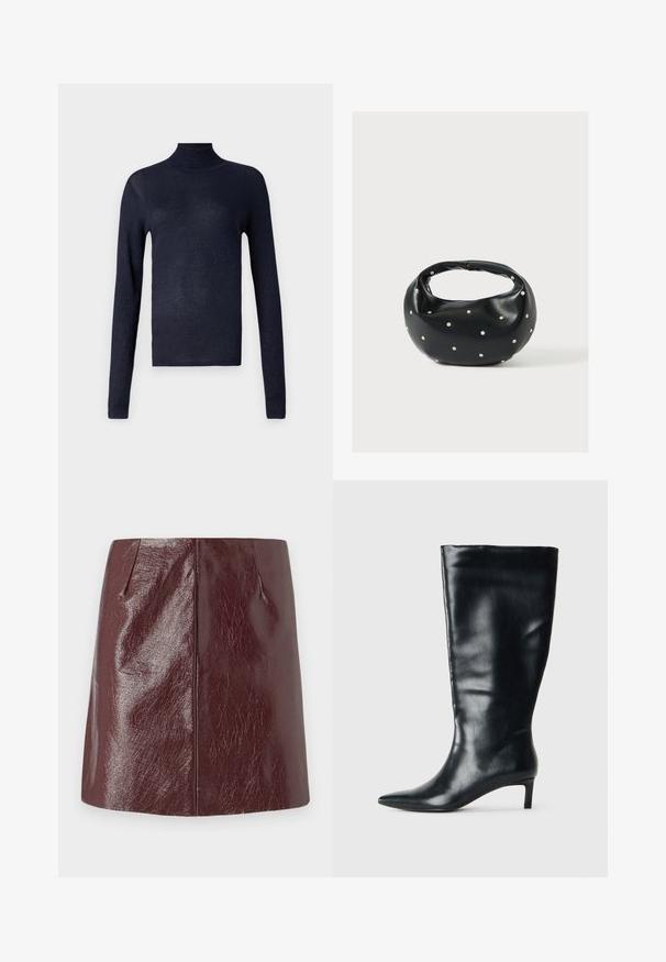 Tumed turtleneck-sviiter, millel on pikad varrukad, ribaga tekstuur ja kerge sära. Ülikitsas disain, pehme kangas ja nähtamatud riistad või aktsendid.; Vero Moda VMNELLY SKIRT - Miniseelik - wine tasting; Mustad põlve kõrguses nahkne saabas terava ninaga ja madala kitsenööriga madalal kontsal, heledal taustal.; Mustast nahast ümmarguse kujuga käekott, kaunistatud hõbedaste naeladega, lühikese sangaga. Sile tekstuur ja tõmblukuga sulgemine.