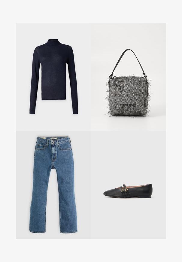 Pull à col roulé navy à manches longues, texture côtelée et légère brillance. Design ajusté, tissu doux et sans matériel ou accents visibles.; Jean en denim bleu avec une coupe droite. Il possède cinq poches, une fermeture à bouton et à zip standard, et des accents de couture visibles.; Chaussures plates en cuir noir avec un bout pointu, dotées de deux brides noires avec des accents en métal doré. Texture lisse et talon bas.; Sac en tricot noir et blanc en chevrons avec des bords frangés, doté d'une fine bandoulière et d'un logo sur le devant.