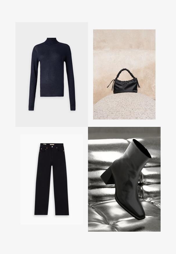 Pull à col roulé navy à manches longues, texture côtelée et légère brillance. Design ajusté, tissu doux et sans matériel ou accents visibles.; Jean en denim noir avec une coupe droite, cinq poches, matériel en cuivre et texture lisse. Deux étiquettes visibles sur la taille.; Botte noire à la cheville en matériau brillant avec un bout carré et un talon effilé, sur un fond argenté brillant et capitonné.; Sac à main noir froncé avec une poignée froncée, posé sur une sphère en pierre texturée devant un mur en béton beige.