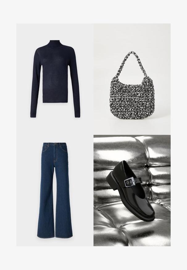 Suéter de cuello alto de color navy con mangas largas, textura acanalada y un ligero brillo. Diseño ajustado, tejido suave y sin hardware o acentos visibles.; Abercrombie & Fitch Vaqueros boyfriend - rinse; Zapato Mary Jane negro de cuero con punta cuadrada, acento de hebilla plateada y un tacón bajo y grueso, colocado sobre un fondo plateado brillante.; Bolso de mano tejido en blanco y negro con forma redondeada, superficie texturizada y asa trenzada. Adecuado para uso casual.