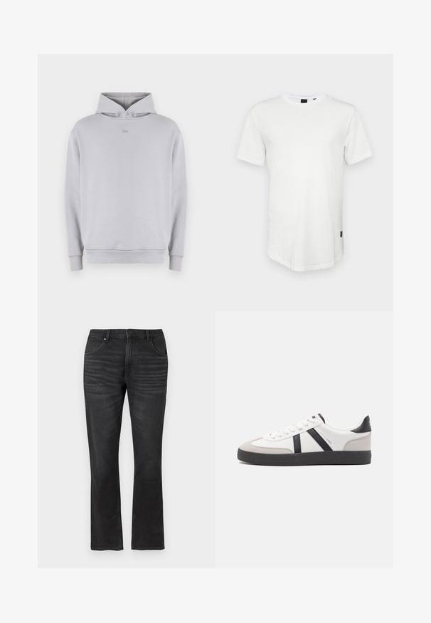 Lichtgrijze hoodie met een ronde hals, lange mouwen, geribbelde manchetten en een subtiel geborduurd logo op de borst. Zacht materiaal en casual pasvorm.; Witte t-shirt met korte mouwen, gemaakt van katoen, met een ronde halslijn en een iets verlengde achterkant, voorzien van een klein logo-accent aan de zijkant.; Zwarte flare jeans gemaakt van denim, met een klassiek vijf-pocketdesign, gestikte naden en een knoopsluiting bij de taille.; Witte sneaker met zwarte en grijze accenten, voorzien van een grijze neus met textuur, zwarte rubberen zool en platte witte veters. Schoon ontwerp, minimalistische stijl.