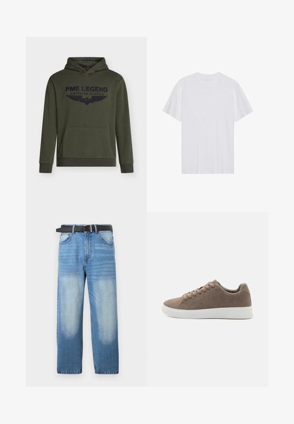 Sudadera con capucha de color verde oliva, confeccionada en algodón, con bolsillo canguro delantero y logo bordado en azul marino con alas. Puños y dobladillo acanalados.; Camiseta de algodón blanca con mangas cortas, cuello redondo y una textura suave. Presenta una marca mínima en el escote.; Jean de mezclilla azul claro con pierna recta, que presenta un cinturón negro, parches desgastados y una sutil textura diagonal en la sección superior.; Zapatillas de ante marrón con suelas de goma blanca planas, diseño de cordones, punta redondeada y una textura suave. Estilo minimalista con sutiles detalles de costura.
