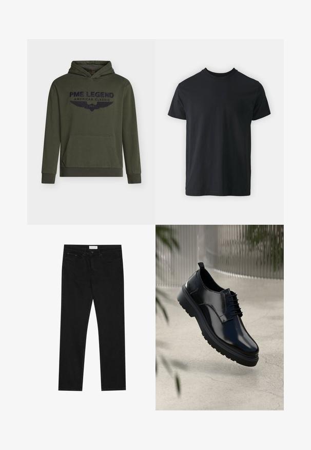 Olijfgroene katoenen capuchontrui met een zak aan de voorkant en een marineblauw geborduurd logo met vleugels. Geribbelde manchetten en zoom.; Zwart katoenen T-shirt met korte mouwen, ronde hals en een relaxte pasvorm. Glad textuur en rechte zoom, geen zichtbare graphics of patronen.; Zwarte straight-leg jeans met een vijf-pocket ontwerp, knoop- en ritssluiting, en een Pier One merklabel op de tailleband.; Zwarte leren schoen met een glanzende afwerking, ronde neus, vetersluiting, contrasterende stiksels en een dikke rubberen zool met profielpatronen.