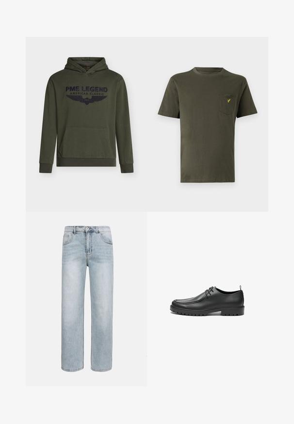Sudadera con capucha de color verde oliva, confeccionada en algodón, con bolsillo canguro delantero y logo bordado en azul marino con alas. Puños y dobladillo acanalados.; Camiseta de algodón verde oliva con cuello redondo, mangas cortas y un bolsillo en el pecho izquierdo que presenta un pequeño logo amarillo. Textura suave.; Jeans azul claro de pierna recta con bolsillos delanteros, cierre de botón y un sutil desgaste en los muslos y las rodillas.; Zapatos de cuero negro con un acabado suave, punta redondeada y costuras decorativas. Cuenta con una suela de goma con surcos para tracción y un diseño de cordones.