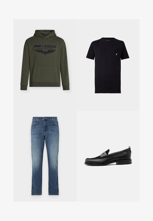 Olivgrüner Kapuzenpullover aus Baumwolle, mit einer Kängurutasche vorne und einem marineblauen, gestickten Logo mit Flügeln. Gerippte Ärmelbündchen und Saum.; Schwarzes Baumwoll-T-Shirt mit kurzen Ärmeln, rundem Halsausschnitt und einer Brusttasche mit einem kleinen weißen Vogel-Logo. Weicher Stoff und einfaches Design.; Denim-Jeans in einer mittelblauen Waschung mit geradem Bein, fünf Taschen und einem klassischen Knopf- und Reißverschlussverschluss. Verwaschene Details an den Oberschenkeln.; Schwarzer Lederloafer mit grauem Riemendetail, niedrigem Absatz und strukturierter Sohle, seitlich mit „HUGO“ in Gold gebrandmarkt.