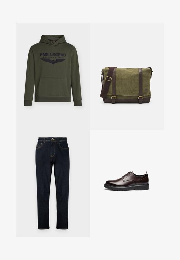 Olivovo zelená mikina s kapucňou z bavlny, so skladacou kapsou na prednej strane a námornícky vyšívaným logom s krídlami. Rebrované manžety a lem.; TOM TAILOR TTJOSH REGULAR SLIM FIT - Džínsy s rovným strihom - rinsed blue denim; Hnedé kožené šnurovacie topánky s elegantným dizajnom, okrúhlou špičkou, kontrastnou čiernou gumovou podrážkou a minimálne viditeľným šitím.; Zelená textilná messenger taška s hnedými koženými akcentmi, prednou chlopňou, nastaviteľným popruhom a zipsom na vrchu. Má zlaté kovy.