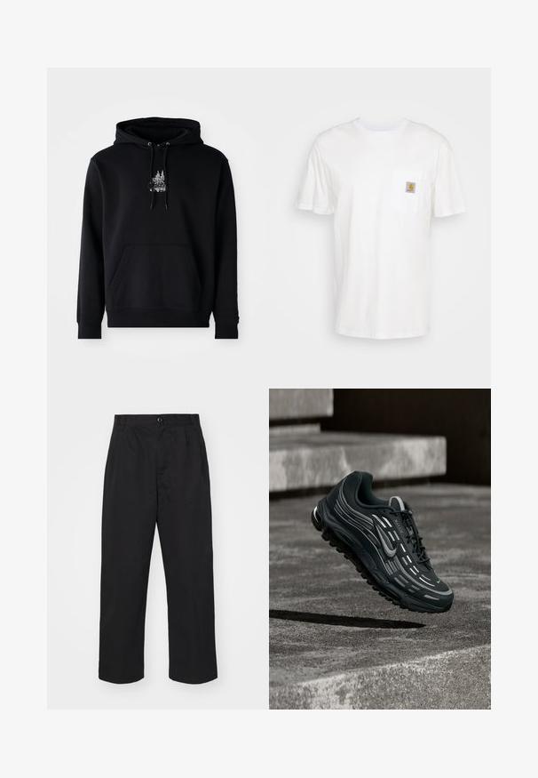 Sort hættetrøje lavet af en bomuldsblanding med en frontlomme, snørrede hætte og hvid grafik af træer på brystet. Blød tekstur.; Hvid bomulds T-shirt med korte ærmer, en brystlomme, og et lille firkantet logo patch i orange og hvid på lommen.; Sorte bomuldsbukser med lige pasform, der har en knaplukning, to frontlommer og en glat tekstur.; Sort og grå Nike Air Max sneaker, der flyder over grå betontrin med tekstureret jordbaggrund.