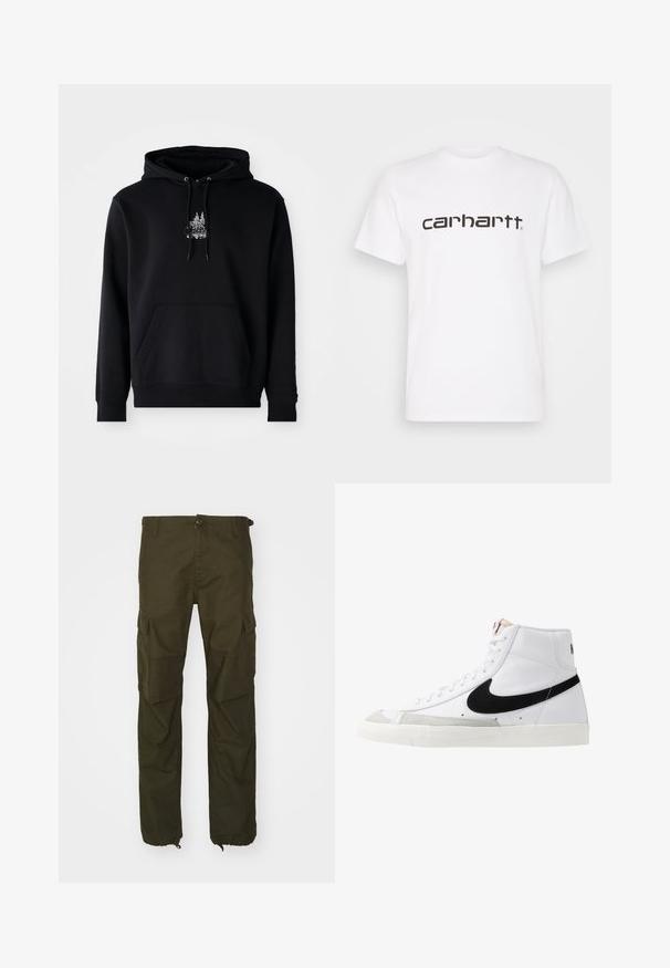 Sort hættetrøje lavet af en bomuldsblanding med en frontlomme, snørrede hætte og hvid grafik af træer på brystet. Blød tekstur.; Hvid bomulds t-shirt med korte ærmer og rund halsudskæring. Har et stort "carhartt" logo i mørkebrun på tværs af brystet.; Olivenfarvede cargo bukser lavet af slidstærkt stof, med knaplukning, flere sidelommer og elastiske manchetter ved anklerne.; Hvide høje sneakers med et sort swoosh, struktureret grå tåhætte og flad hvid sål. Har seks snørrehuller og syede detaljer.
