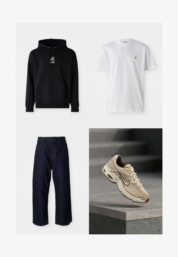 Sort hættetrøje lavet af en bomuldsblanding med en frontlomme, snørrede hætte og hvid grafik af træer på brystet. Blød tekstur.; Hvid bomulds t-shirt med korte ærmer, rund hals og et lille guld logo på venstre brystområde. Blød tekstur og almindelig pasform.; Mørkeblå denimbukser med en afslappet pasform, der har en knapclosure, bæltestropper og gule syninger på lommer og sømme.; Beige og hvid Nike løbesko med mesh paneler og sort swoosh, der svæver over en betonkant med slørede trapper i baggrunden.