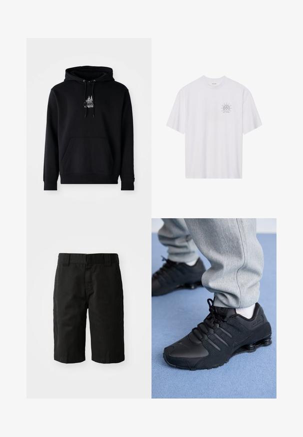 Sort hættetrøje lavet af en bomuldsblanding med en frontlomme, snørrede hætte og hvid grafik af træer på brystet. Blød tekstur.; Hvid bomulds t-shirt med korte ærmer, prydet med en solgrafik i sort på venstre brystområde, og teksten "NAVIGATE THE COSMOS" nedenfor.; Sorte bomuldsshorts med lige snit, bæltestropper og flad front. Har lommer på siderne og en glat tekstur.; Person iført sorte Nike Shox sneakers og grå joggingbukser, der står på lyseblåt tæppe.