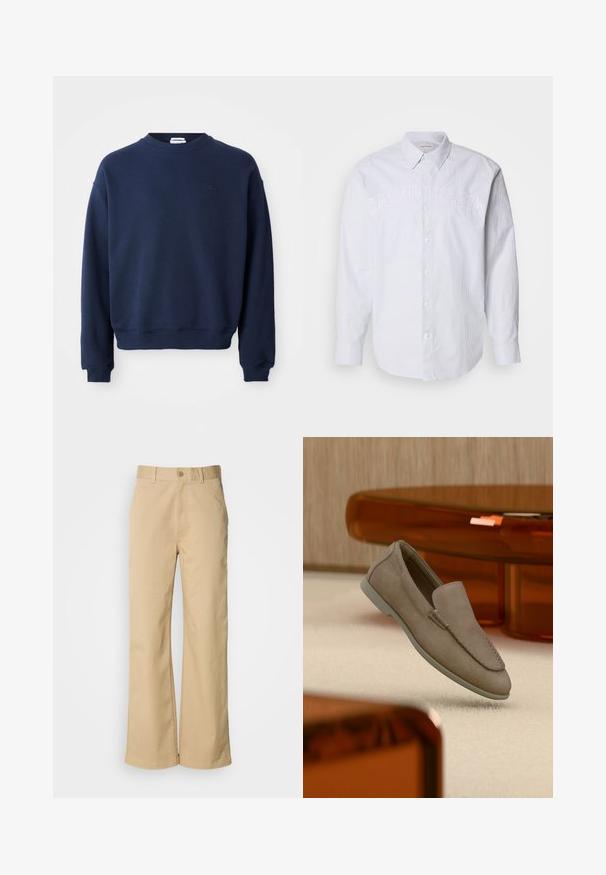 Sudadera azul marino de manga larga con cuello redondo, puños y bajo acanalados, con un pequeño logo tonal bordado en el pecho izquierdo.; Camisa de lino de manga larga blanca con rayas verticales azules, que cuenta con un cierre de botones en la parte delantera y un logo en relieve "CALVIN KLEIN" en el pecho.; Pantalones beige de pierna ancha, hechos de una mezcla de algodón. Presentan un cierre de botón y trabillas para cinturón. Textura suave, con detalles de costura mínimos.; Mocasín beige de ante sin cordones con costuras visibles y suela clara, posicionado sobre una alfombra color crema, con un mueble translúcido naranja en el fondo.