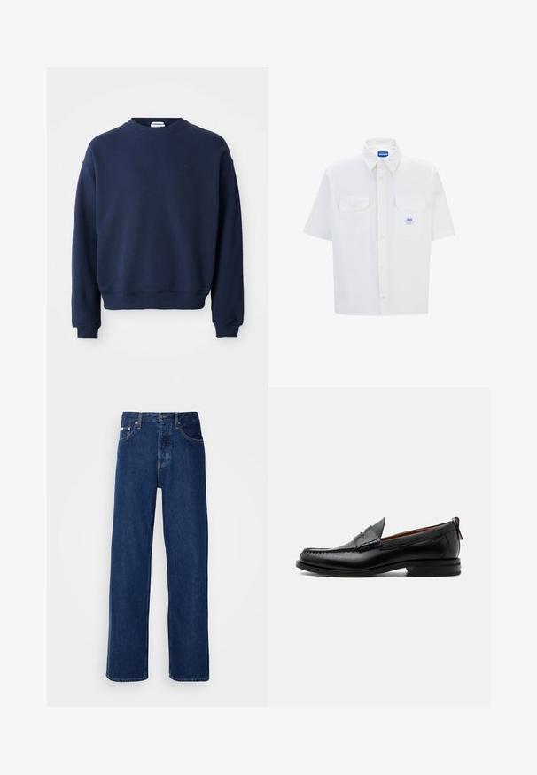 Marineblå langærmet crewneck-sweatshirt med ribbet manchetter og kant, med et lille tonalt broderet logo på venstre bryst.; Hvid kortærmet skjorte med krave, to frontlommer og et blåt logo mærke. Lavet af glat stof med en skræddersyet pasform.; Mørkeblå denimjeans med et bredt ben-design, der har en knaplukning og klassisk fem-lomme styling. Stoffet har en glat tekstur.; Sort læder herre loafer med moc-tå syning, penny strop, struktureret krave og lav stablet hæl på hvid baggrund.