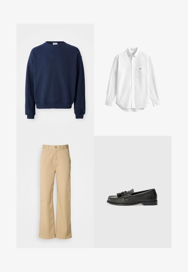 Sudadera azul marino de manga larga con cuello redondo, puños y bajo acanalados, con un pequeño logo tonal bordado en el pecho izquierdo.; Camisa blanca de manga larga con botones, cuello y bolsillo en el pecho con un pequeño logo bordado.; Pantalones beige de pierna ancha, hechos de una mezcla de algodón. Presentan un cierre de botón y trabillas para cinturón. Textura suave, con detalles de costura mínimos.; Mocasines de cuero negro con punta redondeada, borlas decorativas y un diseño cosido. Suela plana con una sutil marca en el lateral.
