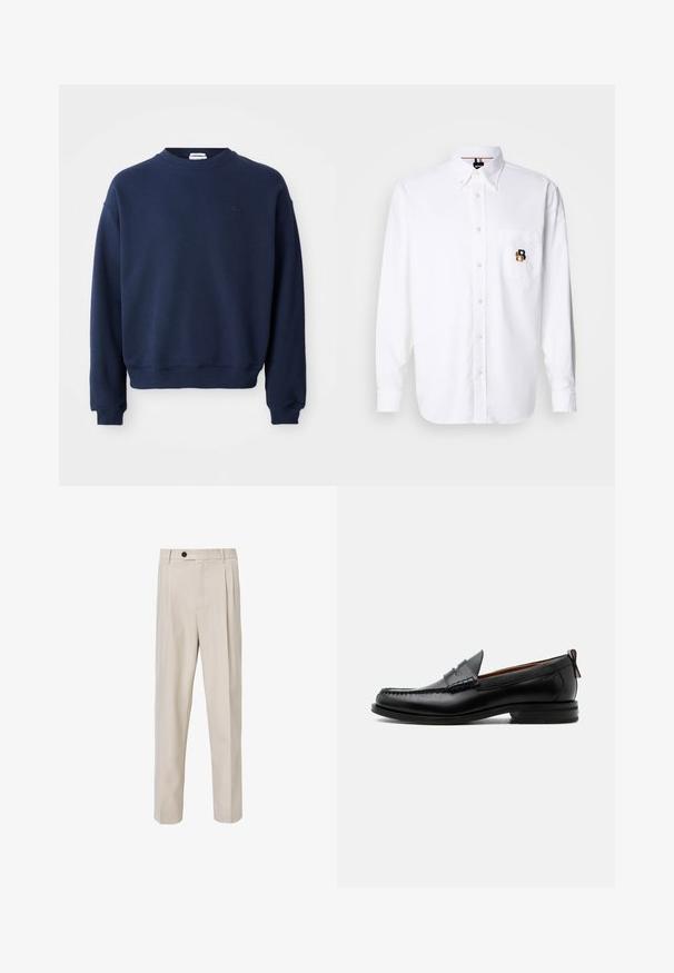 Marineblauwe trui met lange mouwen en ronde hals, geribde boorden en zoom, met een klein ton-sur-ton geborduurd logo op de linkerborst.; Witte overhemd met lange mouwen en knoopsluiting, met een geknoopt kraag, een voorke pocket met een klein geborduurd bruine en zwarte "B" logo.; Beige op maat gemaakte broek met een recht model, voorzien van voorplooien, een knoopsluiting en een gladde stofstructuur.; Zwarte leren herensloffen met moc toe stiksel, pennyriem, gestructureerde kraag en lage gestapelde hak op witte achtergrond.