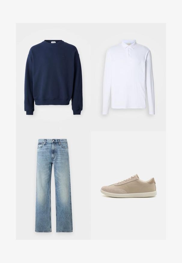 Sudadera azul marino de manga larga con cuello redondo, puños y bajo acanalados, con un pequeño logo tonal bordado en el pecho izquierdo.; Camisa polo blanca de manga larga hecha de una tela suave, con un cuello clásico, una tapeta de tres botones y un sutil logo en el pecho.; Vaqueros de mezclilla azul claro de corte recto con cintura alta, cinco bolsillos, cierre de botón y sutil desgaste en los muslos y las rodillas.; Zapatilla beige con una mezcla de materiales de ante y lona, que cuenta con cordones, punta redonda, suela texturizada y un sutil logo de la marca en el lateral.