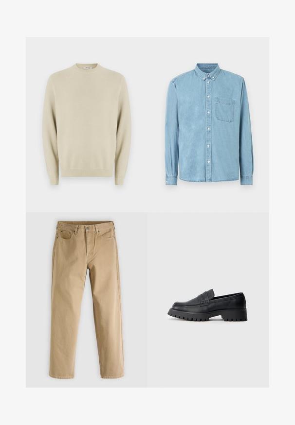 Pull en maille beige avec un col rond, des manches longues, des poignets côtelés et un motif texturé sur l'ensemble. Convient pour une tenue décontractée.; Chemise en denim bleu clair à manches longues avec col boutonné, poche poitrine avant, et boutons blancs au centre et aux poignets.; Pantalon en coton beige à coupe droite, style cinq poches, coutures discrètes et bouton en métal à l'avant.; Mocassins en cuir noir avec un bout arrondi, présentant une sangle décorative et une semelle en caoutchouc épaisse avec de profonds crampons pour une meilleure adhérence.