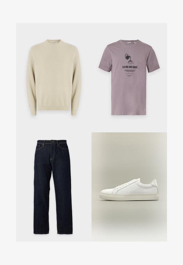 Pull en maille beige avec un col rond, des manches longues, des poignets côtelés et un motif texturé sur l'ensemble. Convient pour une tenue décontractée.; T-shirt gris à manches courtes avec un graphisme de cafetière versant dans une tasse et le texte « LA VIE DU CAFÉ » sur le devant.; Jean droit bleu foncé avec bouton et fermeture éclair à l’avant, passants de ceinture, poches avant et arrière, et surpiqûres contrastantes.; Baskets blanches basses à lacets sur l’avant et semelle épaisse, vues de côté sur un fond neutre.