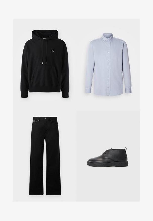 Sort hoodie lavet af blødt bomuld med en forlomme, justerbar snøre i hætten og et lille hvidt logo på brystet.; Lyseblå langærmet skjorte med knaplukning lavet af bomuld med en blød textur, der har en klassisk krave og frontknapper.; Sorte denimbukser med bred ben-design, der har fem lommer og metallisk knapdetalje. Glat tekstur, uden synlige mønstre.; Sorte læder ankelstøvler med glat tekstur, rund tå og sort gummisål. Har en snørelukning og en hælflap for nem påtagning.