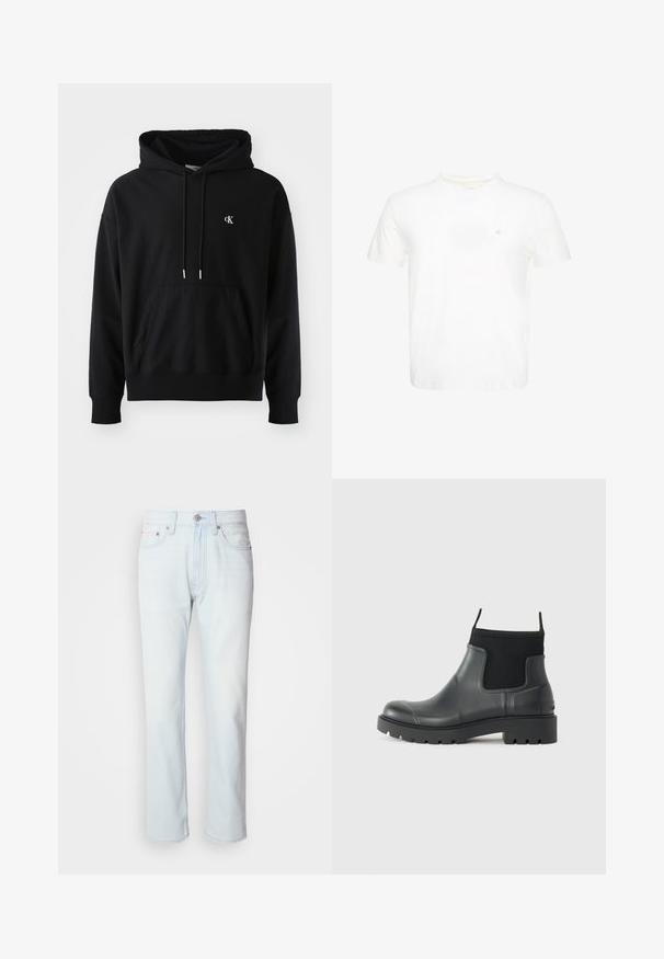 Sort hoodie lavet af blødt bomuld med en forlomme, justerbar snøre i hætten og et lille hvidt logo på brystet.; Hvid T-shirt med korte ærmer og rund hals med lille broderet "ck" logo på venstre bryst.; Lyseblå denimjeans med lige ben. Har en knaplukning og bæltestropper, viser en falmet tekstur og minimal syning.; Sorte ankelstøvler lavet af gummi med en mat finish, der har et strømlinet design, elastiske paneler og en kraftig sål for godt greb.