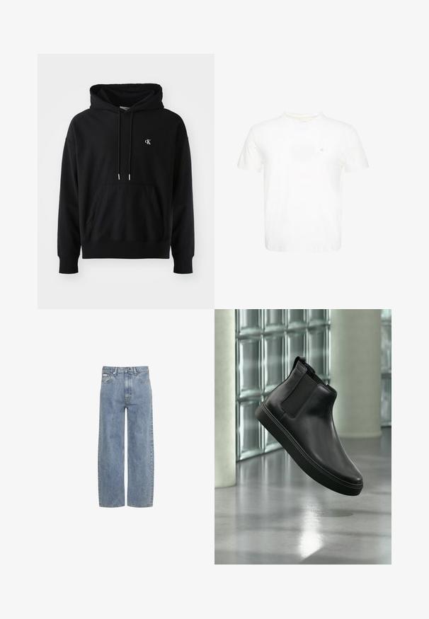 Schwarzer Hoodie aus weichem Baumwollmaterial mit einer vorderen Kängurutasche, verstellbarem Kordelzug und einem kleinen weißen Logo auf der Brust.; Weißes T-Shirt mit kurzen Ärmeln und Rundhalsausschnitt mit kleinem gesticktem "ck" Logo auf der linken Brust.; Hellblaue Jeans mit geradem Bein, vorderem Knopf- und Reißverschluss, Gürtelschlaufen und Fünf-Taschen-Design.; Schwarzer Lederknöchel-Stiefel mit elastischen Seitenteilen, der über einem polierten Betonboden und Glasbausteinen im Hintergrund schwebt.