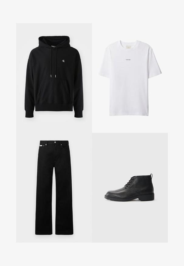 Schwarzer Hoodie aus weichem Baumwollmaterial mit einer vorderen Kängurutasche, verstellbarem Kordelzug und einem kleinen weißen Logo auf der Brust.; Weißes Baumwoll-T-Shirt mit Rundhalsausschnitt und kurzen Ärmeln. Auf der Brust zentriert befindet sich ein kleines schwarzes "Calvin Klein"-Logo.; Schwarze Denim-Hose im weiten Bein-Design mit fünf Taschen und metallenen Knopfdetails. Glatte Textur, ohne sichtbare Muster.; Schwarze Lederstiefel mit strukturierter Oberfläche, runder Zehenpartie, Schnürung vorne und einer robusten Gummisohle. Verfügt über eine kleine Zuglasche an der Rückseite.