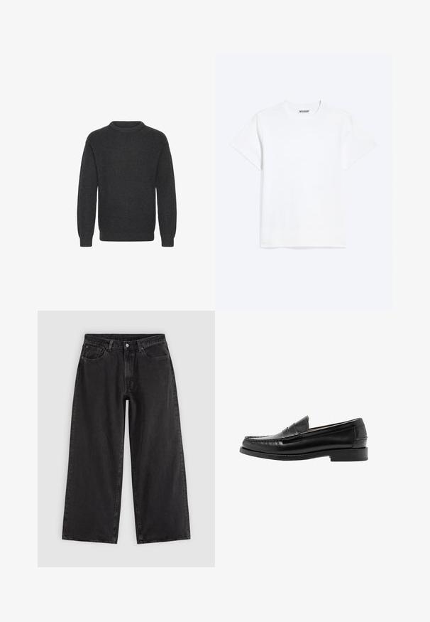Suéter de punto acanalado gris oscuro con escote redondo, mangas largas y un corte holgado, que presenta una superficie texturizada en toda su extensión.; Camiseta blanca lisa de manga corta con cuello redondo y una etiqueta "WEEKDAY" en el interior del cuello trasero, mostrada sobre un fondo claro.; Vaqueros negros de pierna ancha con bolsillos delanteros, trabillas para cinturón y cierre de botones, mostrados sobre un fondo liso y claro.; Mocasín penny de cuero negro con puntera mocasín cosida, tacón bajo y acabado liso y pulido, mostrado de lado sobre fondo blanco.