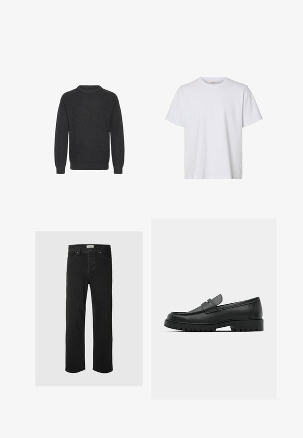 Suéter de punto acanalado gris oscuro con escote redondo, mangas largas y un corte holgado, que presenta una superficie texturizada en toda su extensión.; Camiseta blanca lisa de manga corta con cuello redondo, ajuste regular y textura de tela suave, presentada sobre un fondo blanco.; Los jeans rectos de mezclilla negra presentan un diseño clásico de cinco bolsillos con cierre de botón, costuras mínimas y una textura suave.; Mocasines de cuero negro con punta redonda, que cuentan con un diseño cosido, suela de plataforma baja y una suela de goma texturada y con tacos.