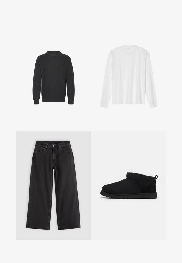 Suéter de punto acanalado gris oscuro con escote redondo, mangas largas y un corte holgado, que presenta una superficie texturizada en toda su extensión.; Camiseta blanca de algodón de manga larga con cuello redondo, con puños acanalados y dobladillo recto, textura suave y diseño minimalista.; Vaqueros negros de pierna ancha con bolsillos delanteros, trabillas para cinturón y cierre de botones, mostrados sobre un fondo liso y claro.; Botines de ante negros con un forro suave y texturizado, suela de goma de perfil bajo y una lengüeta en la parte posterior para facilitar su uso.