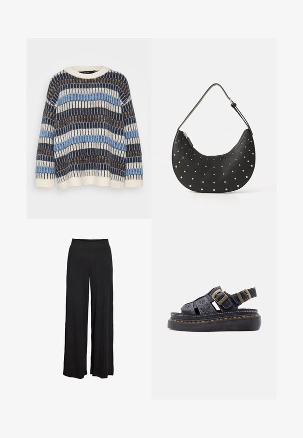 Vero Moda Petite VMTIFFANY O NECK - Πουλόβερ - birch/chocolate torte/allure; Μαύρο παντελόνι με φαρδιά γραμμή, ψηλή ελαστική μέση και διακριτική ραβδωτή υφή, σχεδιασμένο για άνετη, χαλαρή εφαρμογή.; Μαύρο δερμάτινο σανδάλι πλατφόρμα με λουλουδάτες εγκοπές, διπλές ορειχάλκινες αγκράφες και κίτρινη ραφή σε παχιά λαστιχένια σόλα.; Μαύρη δερμάτινη τσάντα χειρός με καμπυλωτό σχήμα, διακοσμημένη με ασημένιες καμπύλες, διαθέτοντας κλείσιμο με φερμουάρ και μία ρυθμιζόμενη λουρί.